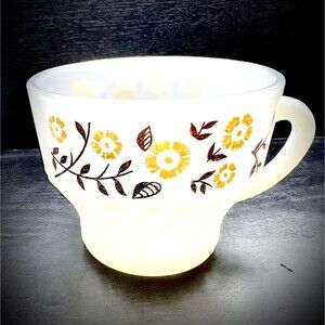 Termocrisa RARE Milk Glass Mug ~ Brown/Orange Floral Design Vintage 1980~ Mexico